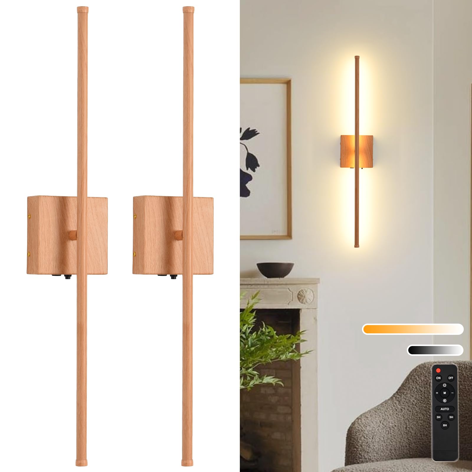 LED Battery Operated Wall Sconces, 11000mAh Faux Wood Texture Finish Wireless Wall Lights with Remote, 350°Rotate Dimmable Wall Lamp 3 Color Temperatures, for Bedroom Living Room Hallway, 2 Pack