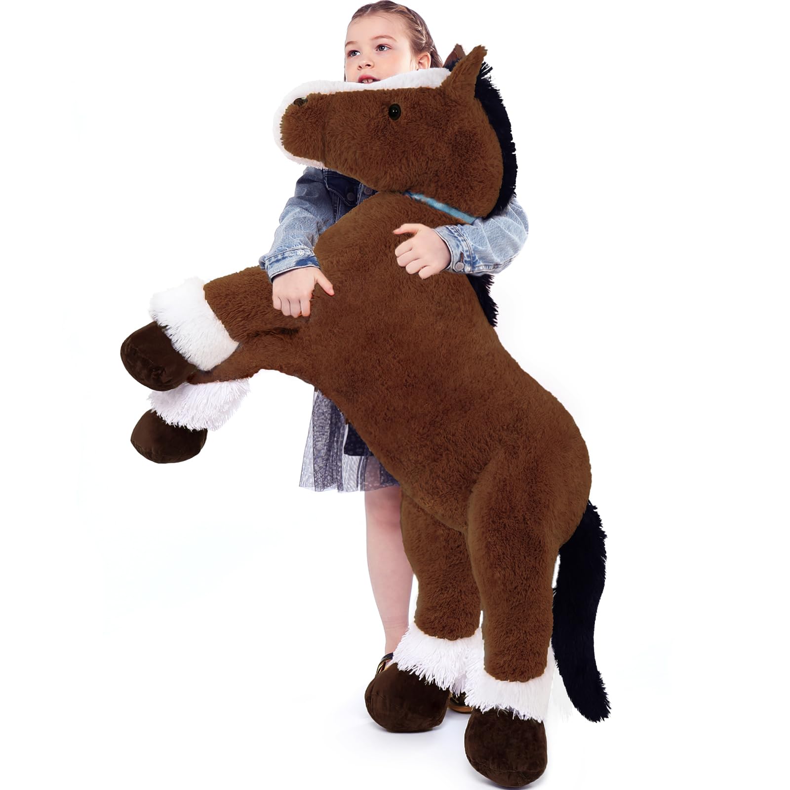 KERTA 4ft Realistic Horse Stuffed Animal, 47inches Chocolate Stuffed Horse Farm Plush Toy, Hugging Soft Pony Plush Body Pillow Theme Decor Gift for Boys Girls