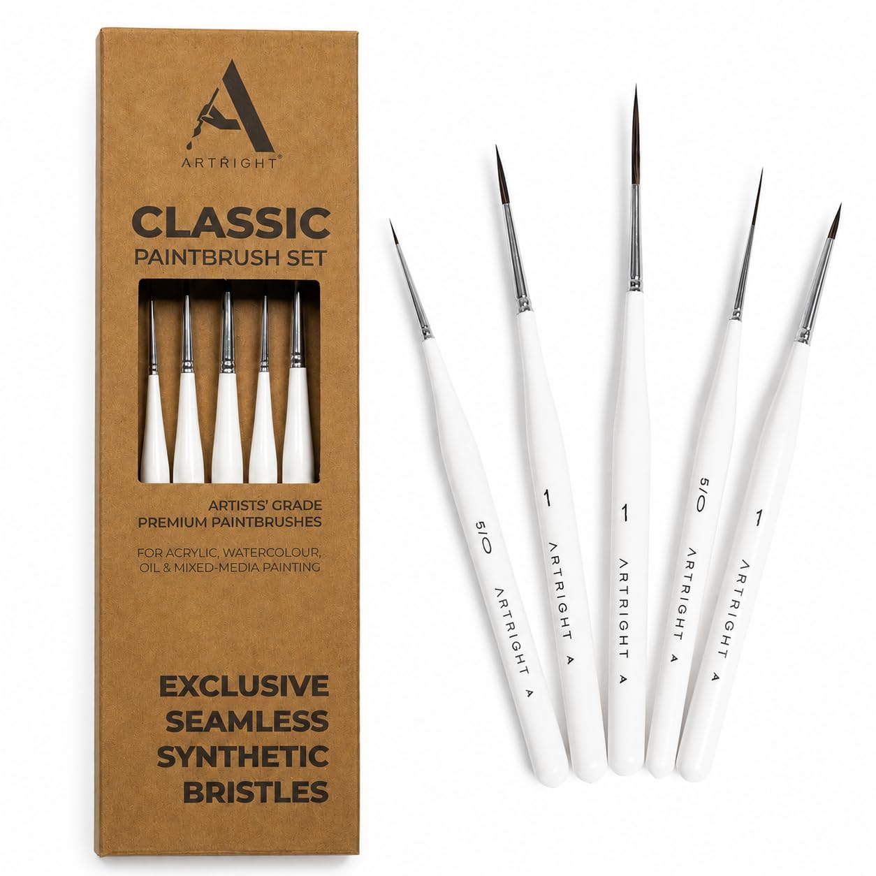 ArtRight Artist Detailing Synthetic Brush Set 5Pcs - Wooden Professional Painting Fine Liner Brush for Acrylic, Nail Art & Model Painting (3 Liner Brushes of Sizes #00000, 2 Precision Brushes of #1)