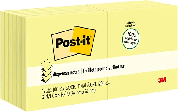 Post-it Greener Recycled Pop-up Notes 3x3 in, 12 Pads, America's’s #1 Favorite Sticky Notes, Canary Yellow, Clean Removal, 100% Recycled Material(R330RP-12YW)