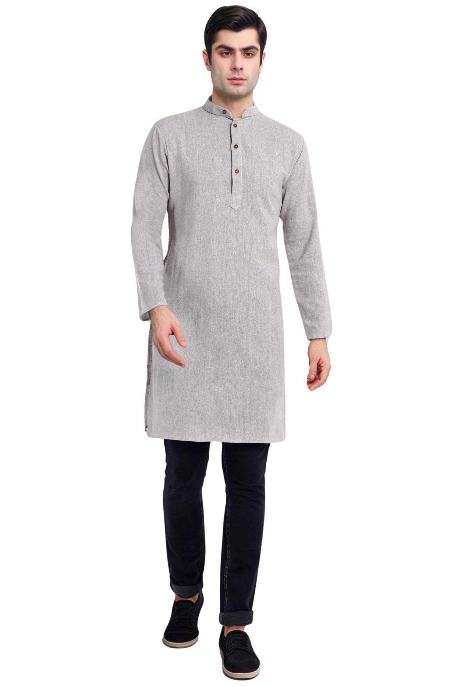 Men's Handloom Cotton Solid Henley Long Sleeves Straight Knee Length Long Shirt