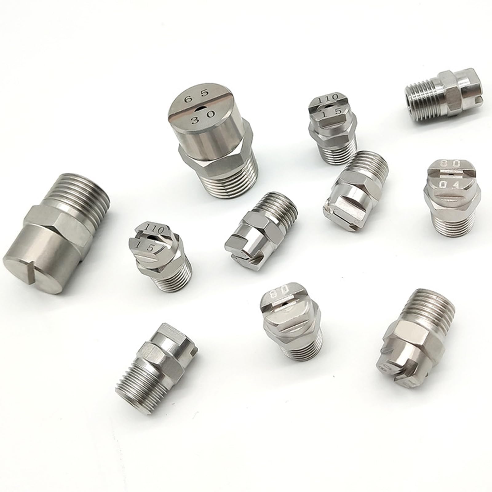 boquilla de abanico de alta presión, Paquete de puntas pulverización ventilador plano acero inoxidable 304 20 tamaños rosca macho BSPT múltiples 65 grados(1/2(orifice diameter 3.6mm))