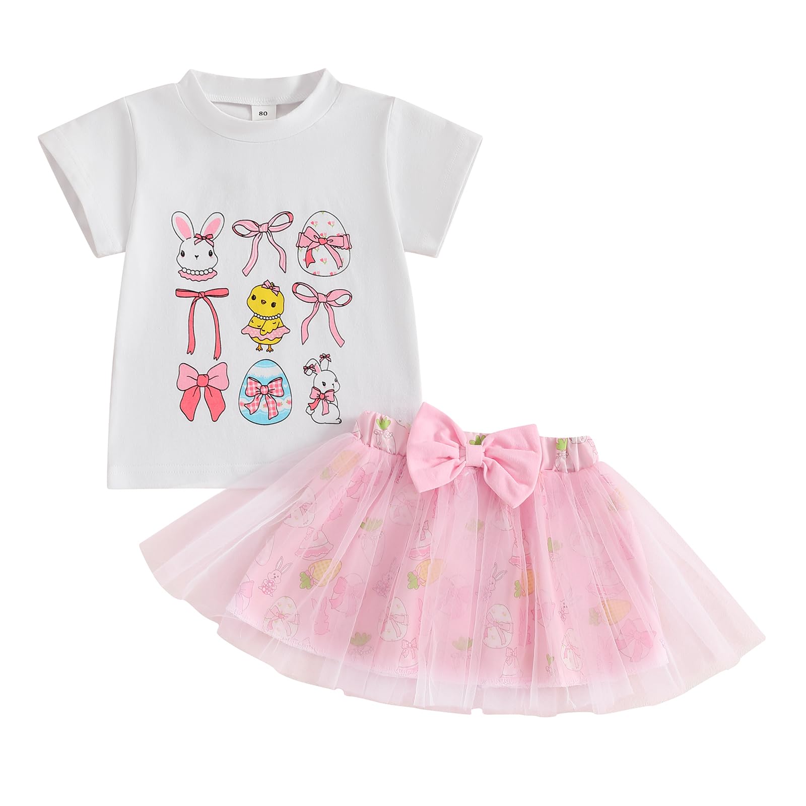 Rtnnsbbfcm Toddler Baby Girl Easter Outfit Short Sleeve Bunny Bow Print T-shirt Top Tulle Skirt 2Pcs Set (White, 18-24 Months)