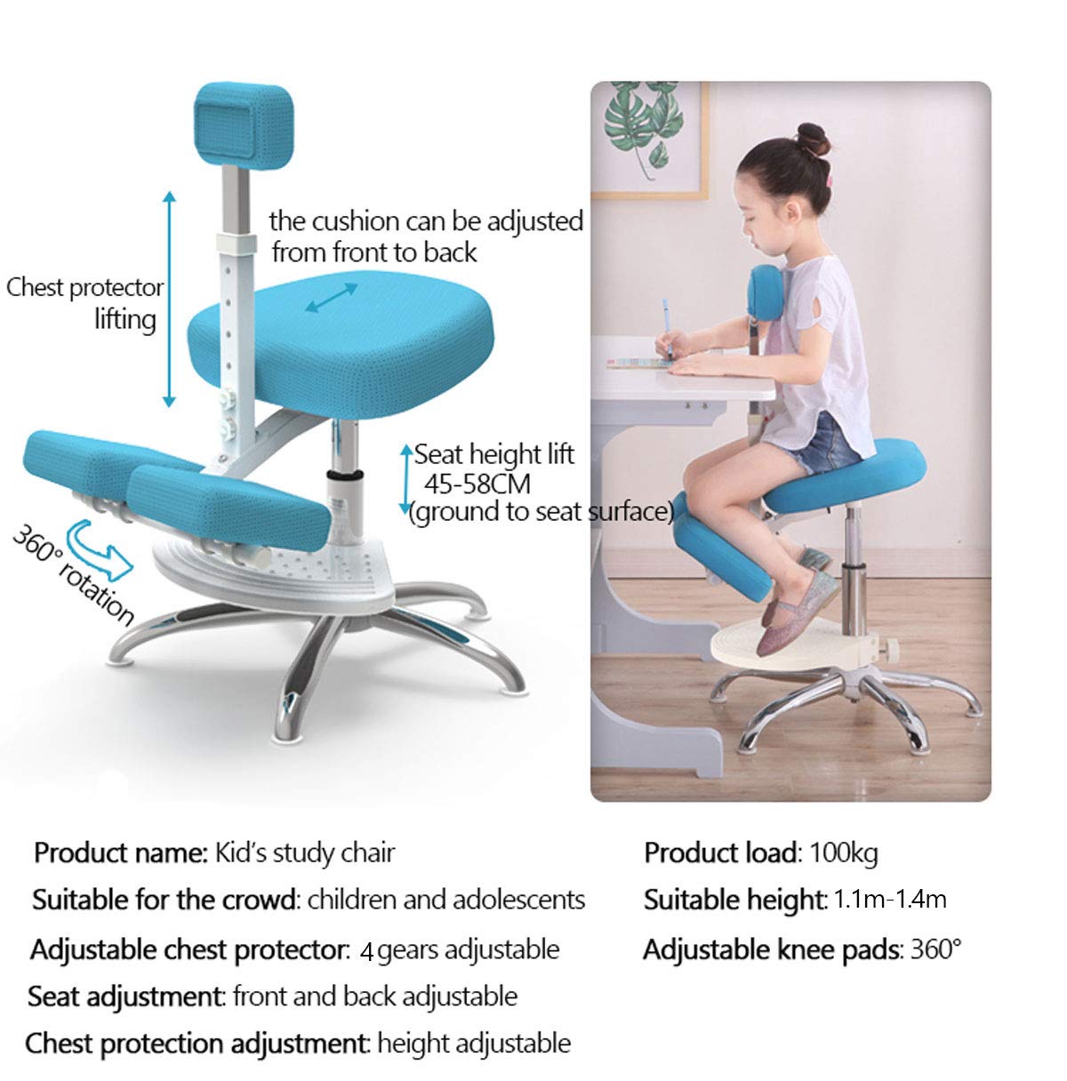 Silla ergonómica de Rodillas, Taburete para la Rodilla, Sillas de Escritorio Infantiles con Protector de Pecho Ajustable para Ideal para niños con una Altura de 1,1 m-1,4 m