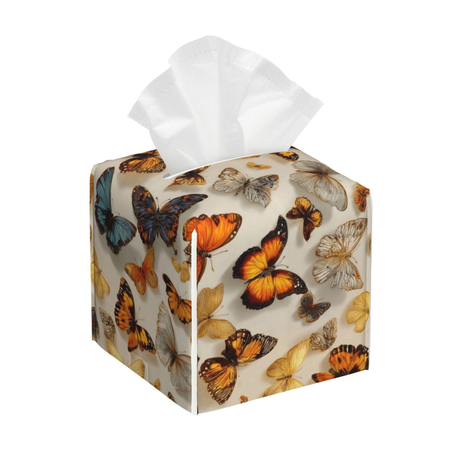 Elegant Realistic Butterfly Print Tissue Box Cover Holder Square, Foldable Modern Cube Tissue Box Cover, Leather Decorative Organizer for Tabletop Bathroom Car Office Desk Decor