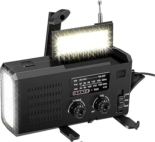 SEPPR Radio de manivela de emergencia, 4000 mAh-manivela solar portátil AMFM con linterna LED, lámpara de lectura, alarma SOS, cargador de teléfono