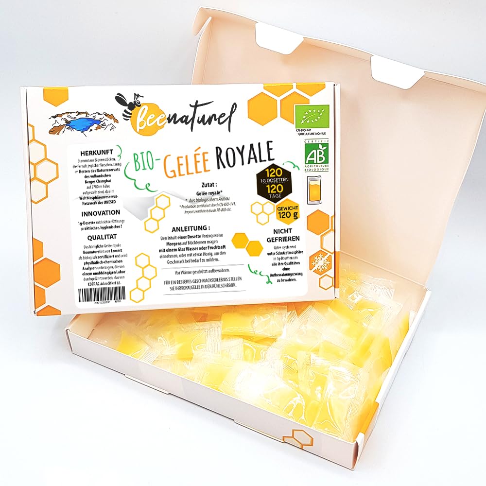 Bio Gelée Royale 120g | 120 Dosiersticks à 1g | 4-Monats-Winterkur | Frisch & rein aus Frankreich | Für Erwachsene & Kinder | 100% natürlich