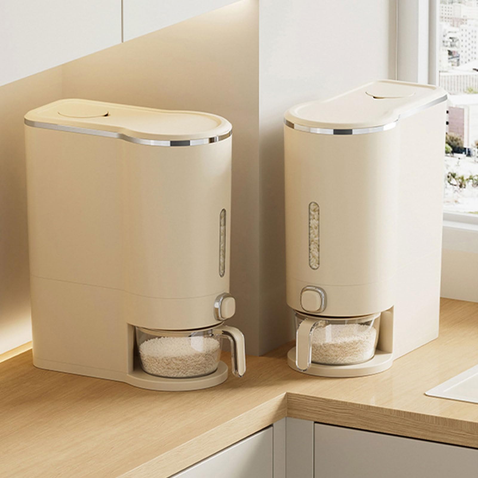 Contenitore per Riso Pressato, a Prova di Insetti, a Prova di umidità, per Uso Domestico, in Plastica Bianco Crema (Grande (contiene circa 10 kg))