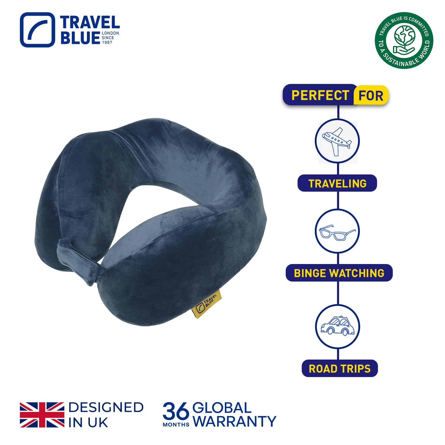 Travel Blue Almohada Cojín de Viaje de Espuma Viscoelástica Tranquility - Almohada Cervicales y Cuello de Viaje, Ajuste Más Ancho, Espuma de Memoria de Alta Densidad, Soporte Ergonómico (Blue)