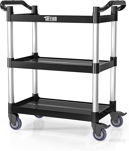 TUFFIOM Carrito de servicio de plástico de 3 niveles con ruedas, resistente capacidad de 390 libras, rodante comercial, ideal para restaurantes,