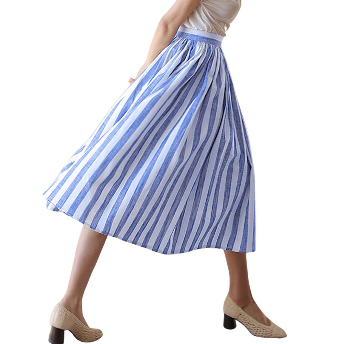 chouyatou Womens Vertical Striped Pleated Skirt Casual Elastic Waist A Line Swing Midi Long Skirt with Pockets
