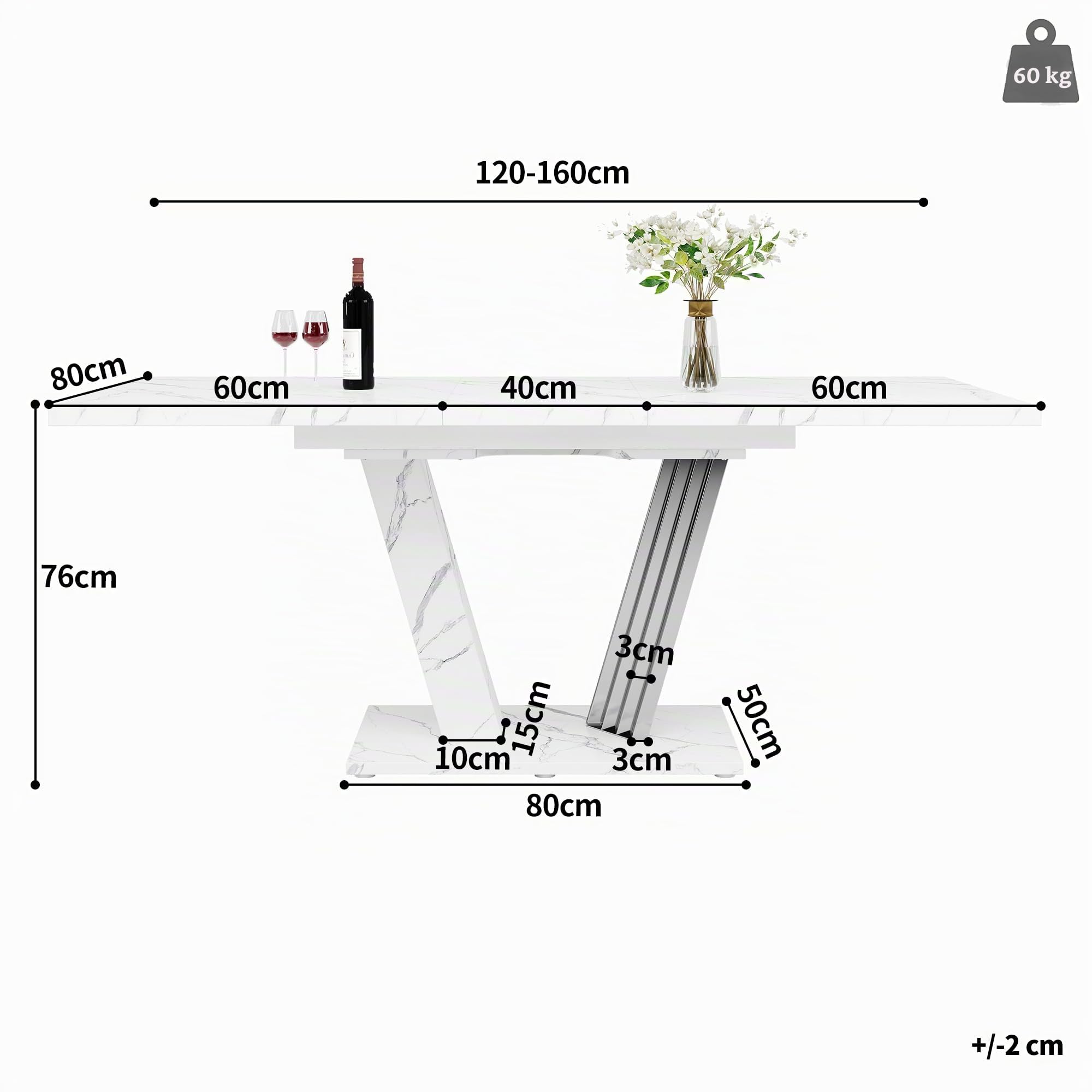 Kebnor Tavolo allungabile 120 – 160 x 80 x 76 cm – Tavolo da cucina con foglia estraibile e struttura a farfalla per cucina e soggiorno (bianco)