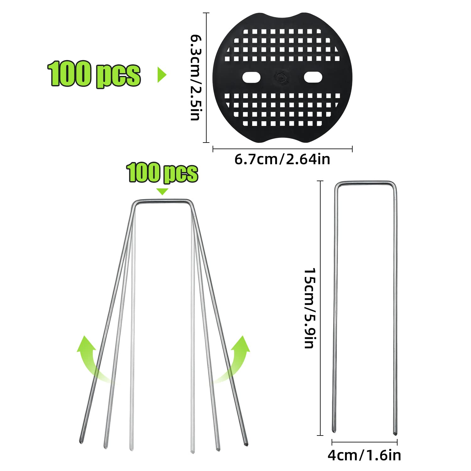 Piquets de jardin galvanisés de 15,2 cm en forme de U robustes avec 100 disques et 1 crochet pour verger, jardin, cour, tentes, clôture de ferme