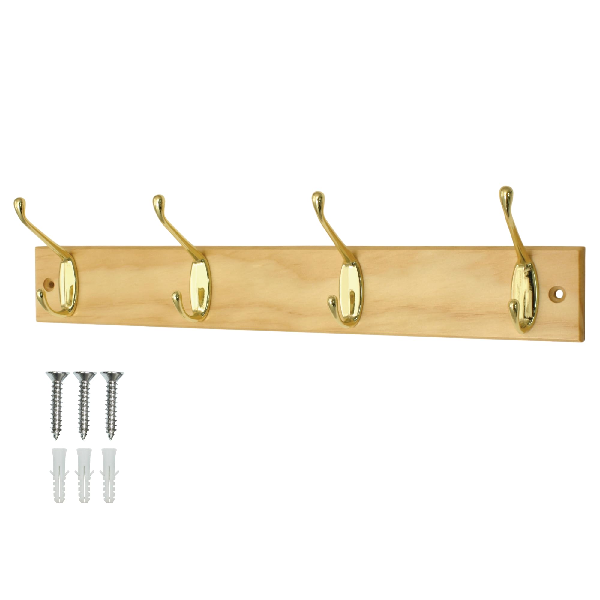 keypak Coat Rack Wall Mounted Polished Brass 4 Double Hooks Solid Pine 45cm