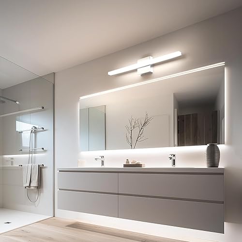 Miniatura 3 de Combuh Barra de luz LED para tocador de baño, 24 pulgadas, 14 W, IP44, cromada, brillante, sobre espejo, apliques de pared para interiores, modernos