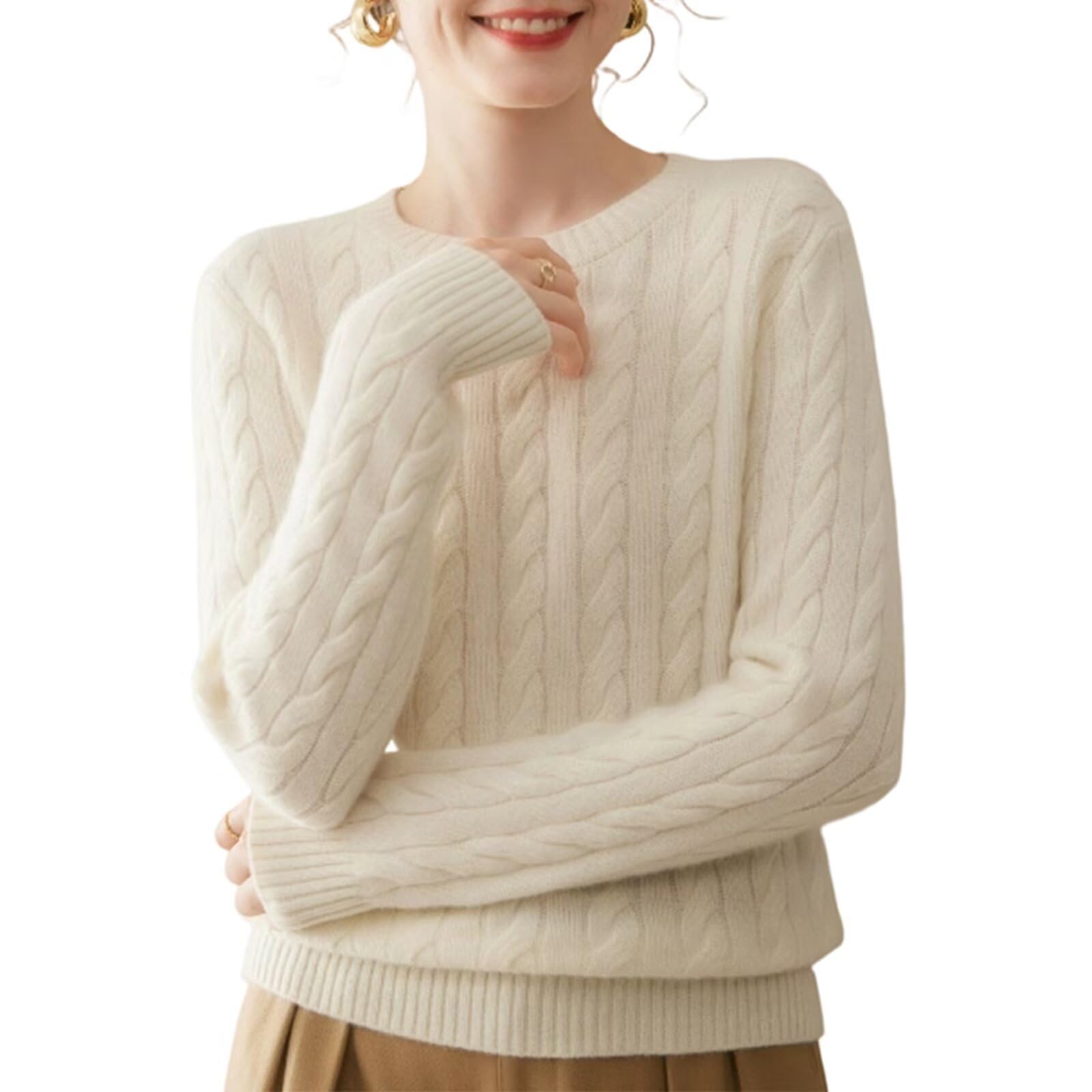 Rivccku Womens 100 Pure Wool Cable Knit Sweater - Loose Casual Crewneck Long Sleeve Pullover for Fall Winter