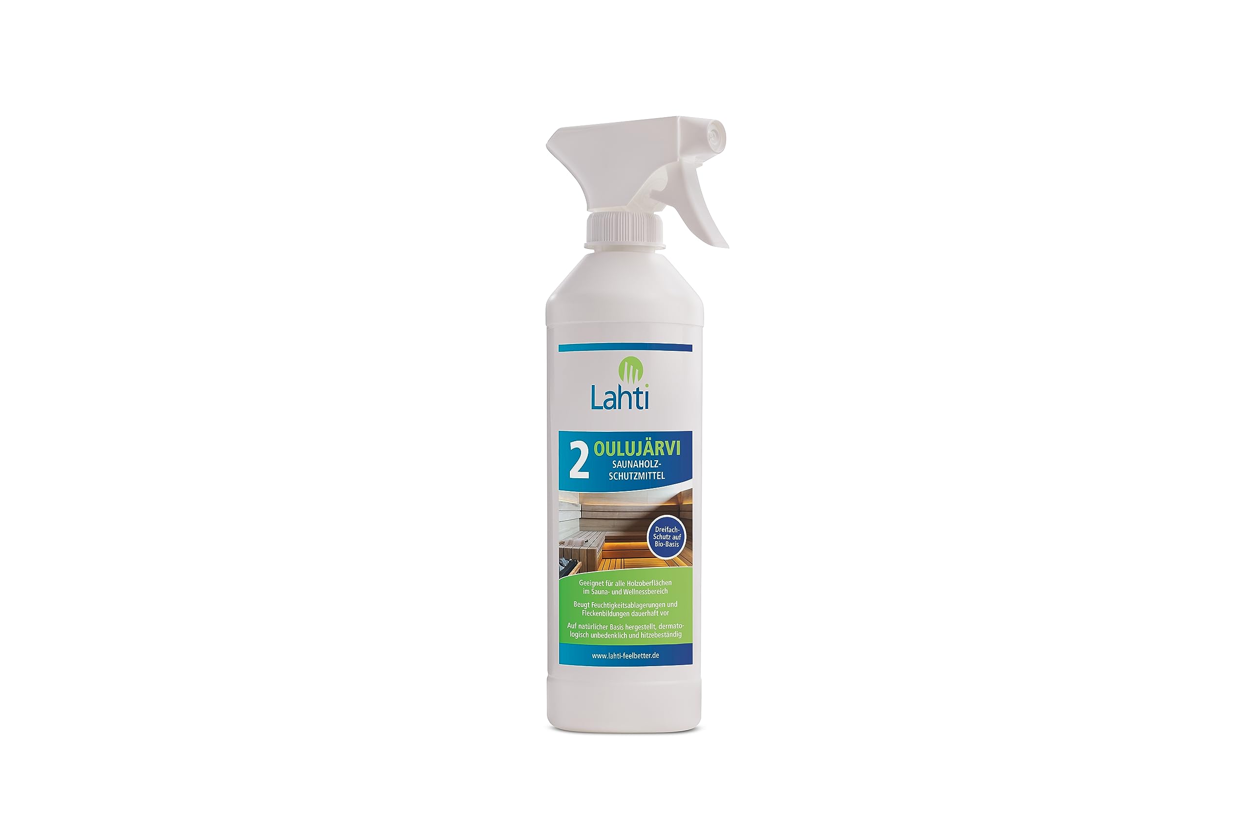 Lahti 2 OULUJÄRVI - Protección única para madera de sauna - Adecuado para todas las maderas - Evita manchas de agua y sudor - Protege contra la suciedad (0,5 litros con cabezal pulverizador)