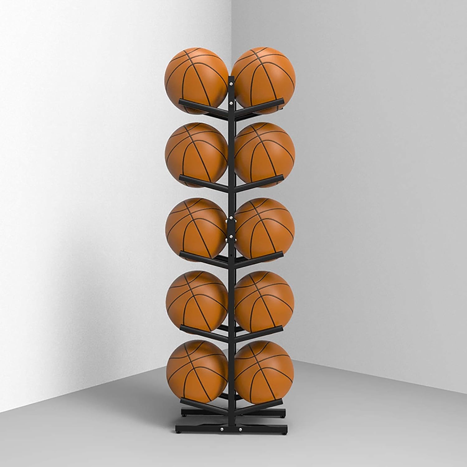 5 Tier Double-Sided Basketball Storage Rack, Freestanding Vertical Football Display Stand, Sports Equipment Storage Rack Tree, 10 Balls,