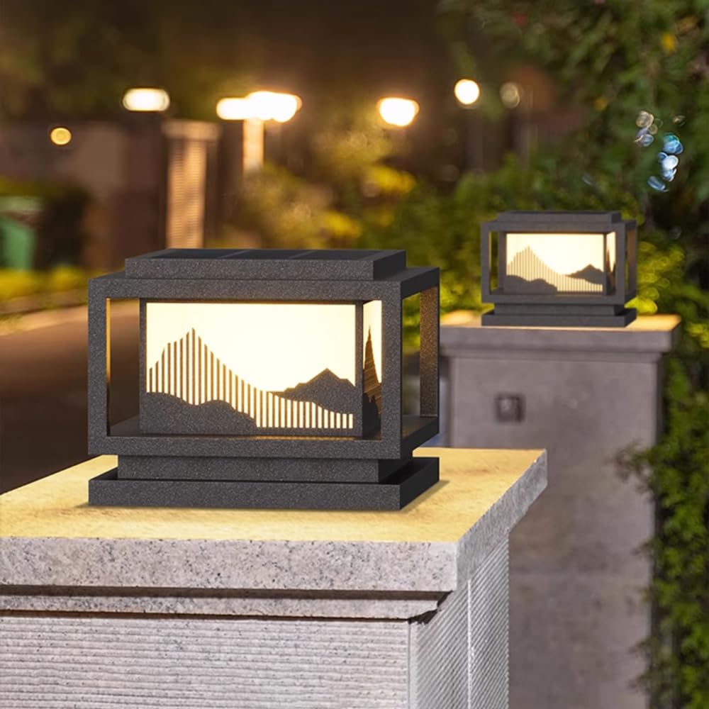 Solarne lampy słupkowe, aluminiowe, kwadratowe lampy słupkowe, odporne na działanie wody, nowoczesne, czarne oświetlenie słupka, na podwórko, ogród, patio, podjazd