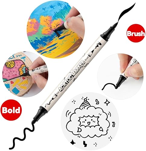 Miniatura 3 de TRANSON Juego de 4 marcadores de pintura negra y 4 blancos y marcadores de pintura acrílica de doble punta para pintura de roca, vidrio, lienzo,