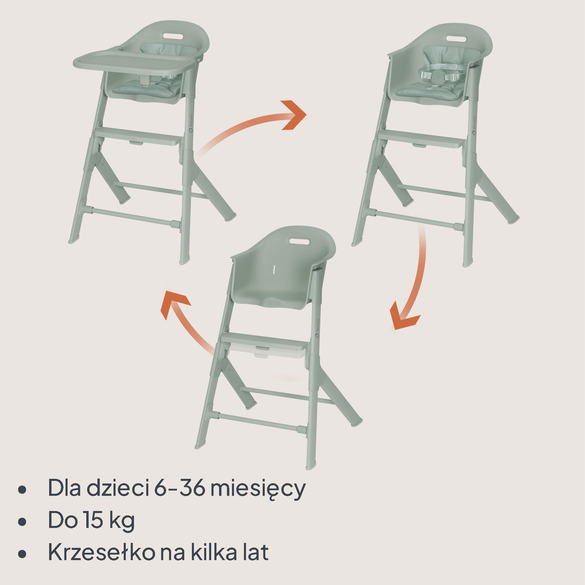 Lionelo BENY krzesełko dla dziecka 6 miesięcy - 3 lata przesuwna taca 2 pozycje, krzesełko ewolucyjne z podnóżkiem regulowanym jedną ręką, pasy 3-punktowe, łatwe do czyszczenia, zmywalna poduszka