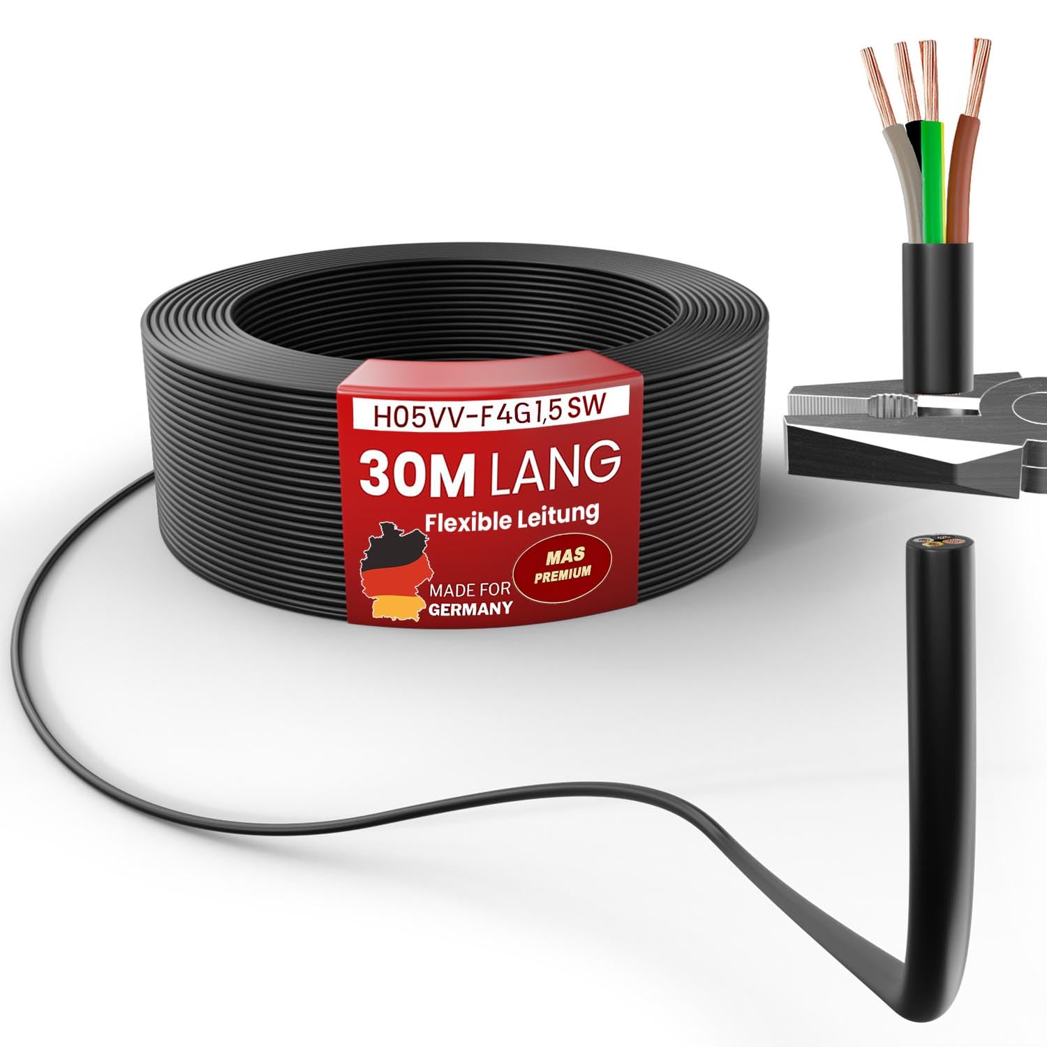 MAS Premium Przewód węża z tworzywa sztucznego H05VV-F 2, 3, 4 lub 5 x 0,75; x1; x1,5 lub x2,5 elastyczny przewód, kabel do urządzeń (H05VV-F 4G1,5SW, 30 m)