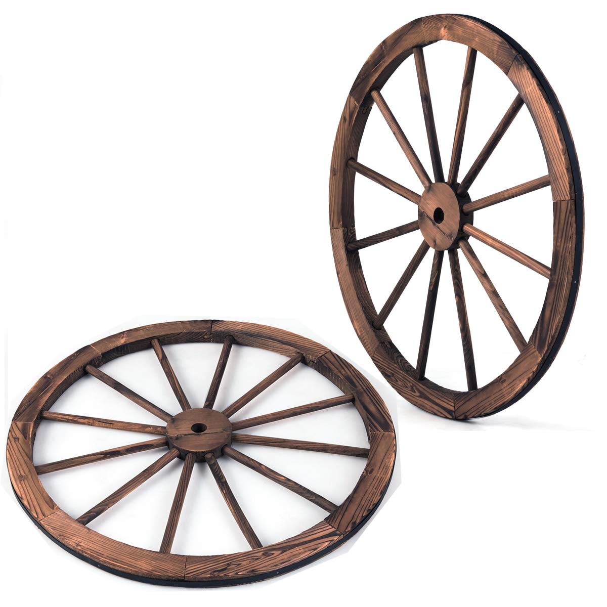 GIANTEX-2 Ruedas de Carro de Madera, Ruedas de Madera de 12 Radios, Placa de Hierro, Marrón, Ruedas Decorativas para Bares, Jardines, Restaurantes, 76 x 76 x 3,5 cm