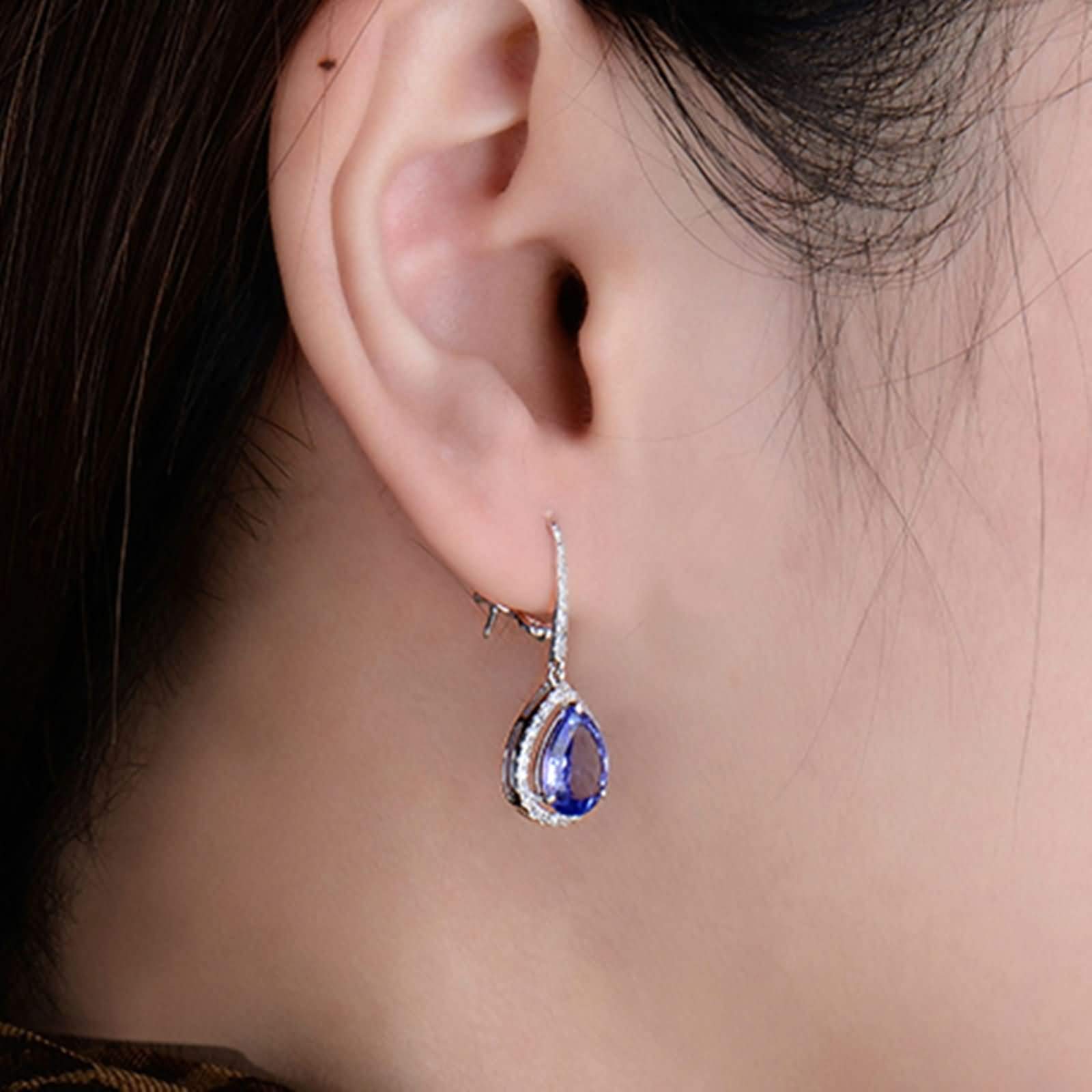 Epinki Weißgold 14K Ohrringe Silber Hängend, Anhänger Ohrstecker mit Tansanit 3.07ct Blau, Geschenk für Valentinstag, Weiß Gold Blau
