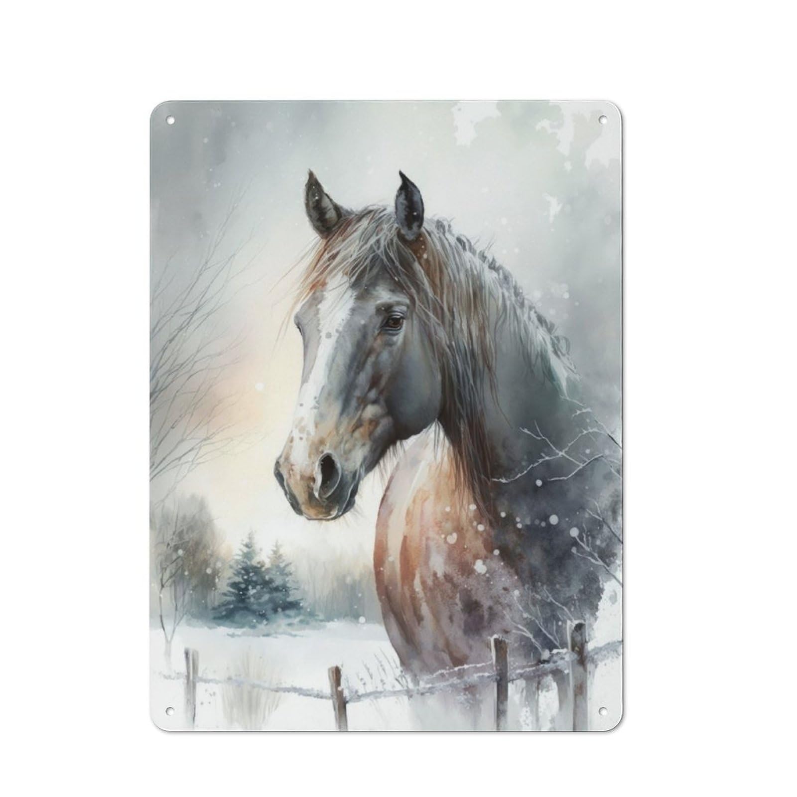 Junmoney Horse On A Snowy Day Tin Wall Plaque 40X30cm With For Home Office Or Studio, Gift Idea At Christmas For Creative Workspace Decorators