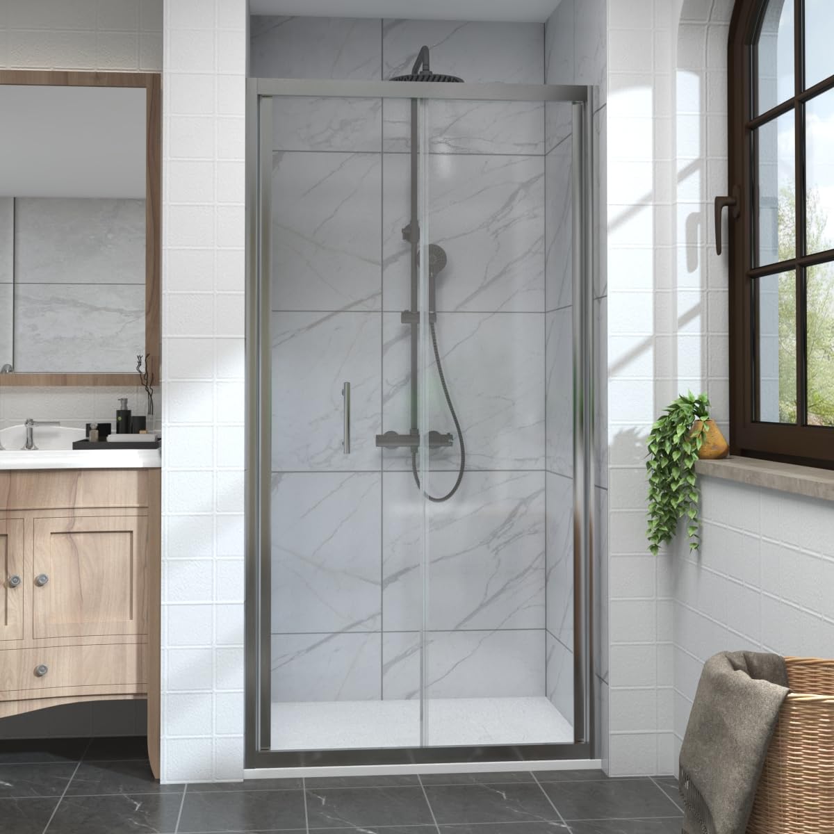 Aquariss 1100mm Chrome Bi-Fold Shower Door Enclosure Reversible 6mm Safety Glass with Lightweight Aluminium Frame