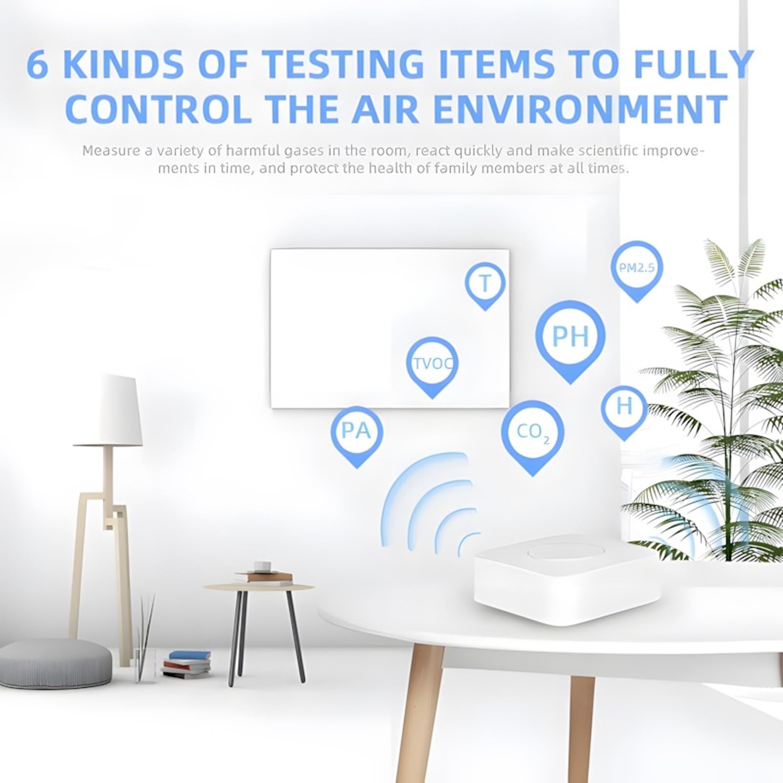 Smart Air Quality Monitor, 6-w-1 Wewnętrzny Tester Jakości Powietrza dla HCHO VOC CO2 PM2.5 Wilgotność Temperatury, Aplikacja WIFI Kompatybilna, Synchronizacja Danych w Czasie