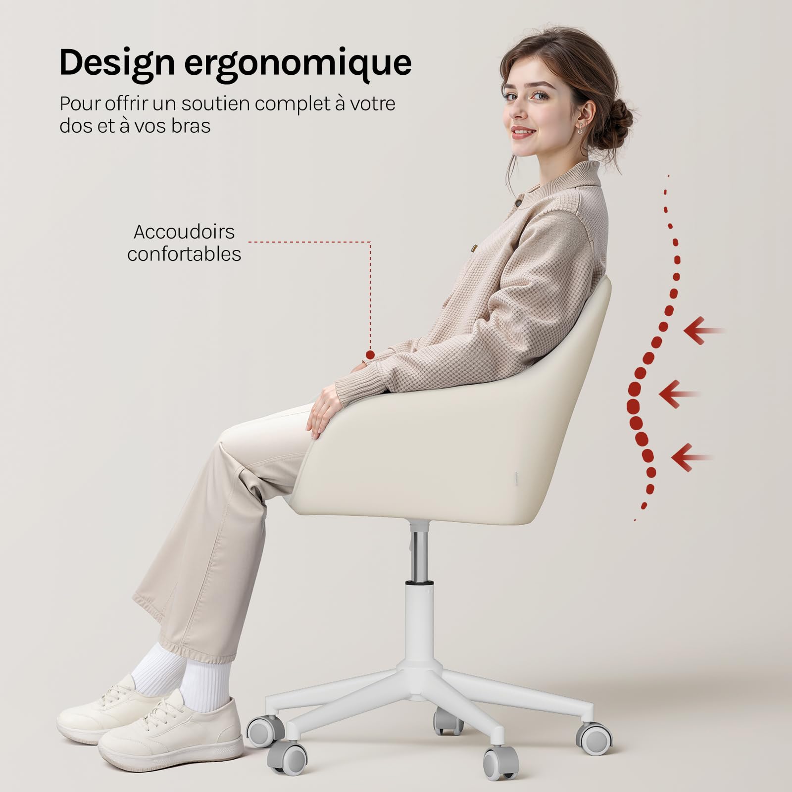 WOLTU Chaise de Bureau, Fauteuil Ergonomique, Bouclette+PU, Crème Beige | Chaise Coiffeuse, Siège Pivotant, Réglable en Hauteur, Capacité 150 kg, Cadre en Acier, pour Bureau, Chambre