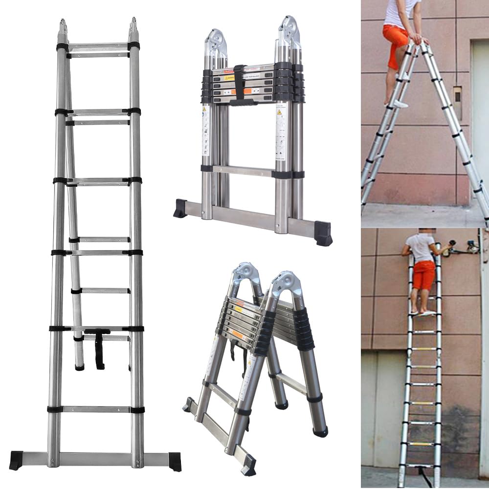 A Frame Portable Folding Telescopic Extension Loft Ladder, 3.8M (1.9M+1.9M) Multi Purpose Combination Step Ladder, Stainless Steel