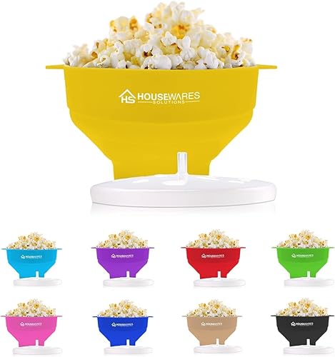 Miniatura 6 de Plegable de silicona microondas aire caliente palomitas popcorn Popper Bowl con tapa y asas (amarillo)