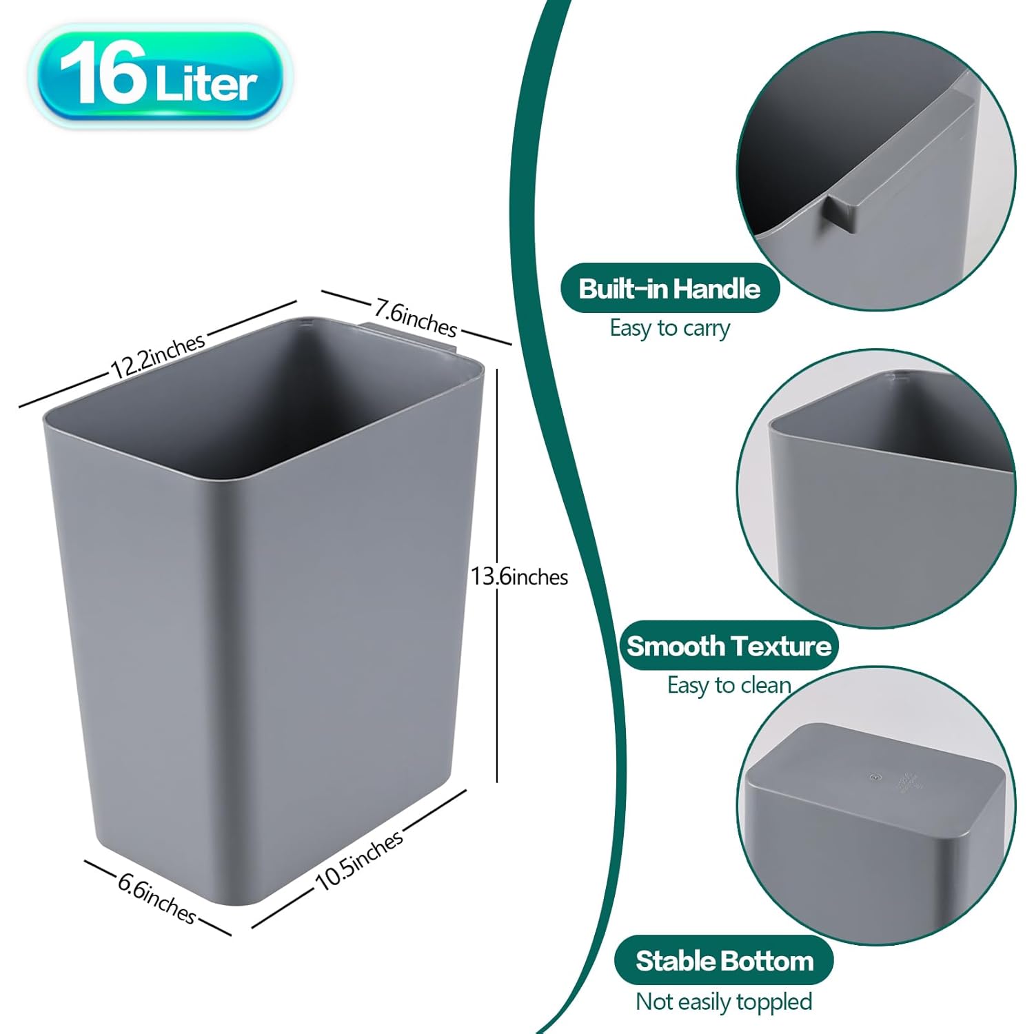 Gloreen 16 L/ 4.2 Gallon Open Top Rectangle Trash Bins, 3 Pack Plastic Wastebasket Garbage Cans for Home, Office, Dormitory, Grey
