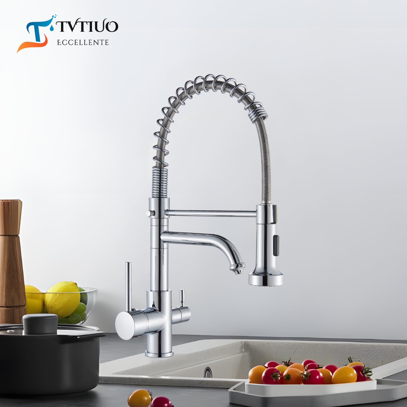 Robinets de cuisine 3 voies robinet de cuisine avec douchette amovible mélangeur d'eau potable en laiton avec filtre à eau eau bouche rotative à 360 °,spray pull-down,Chrome