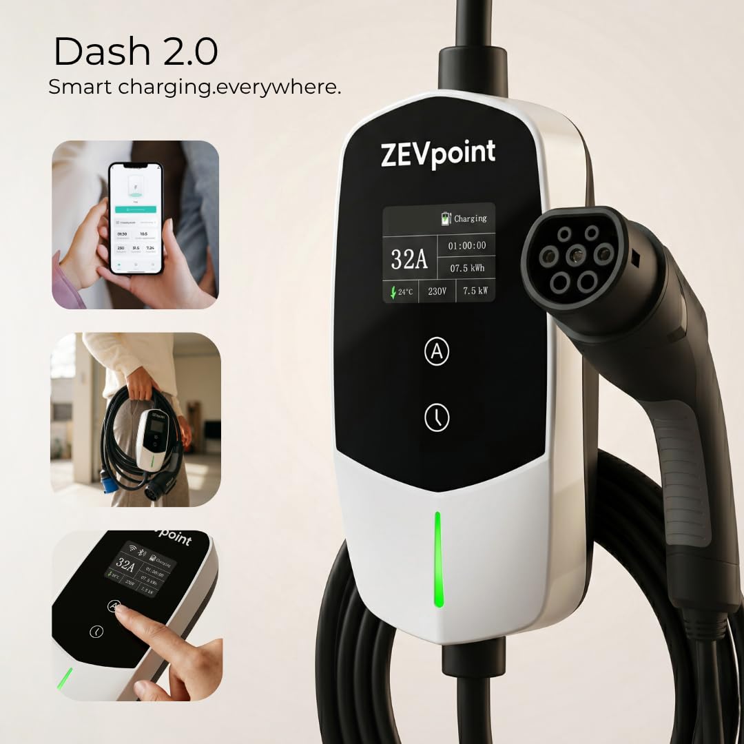 Zevpoint 7.5 kW EV Charger | Carry Bag + Wall Bracket + CEE Socket | 32A, Waterproof | 5m Length, 3” Display, App Control | Adjustable Power | Auto Cut, Overload & Earthing Protection (Dash 2.0) — Amazon image 2