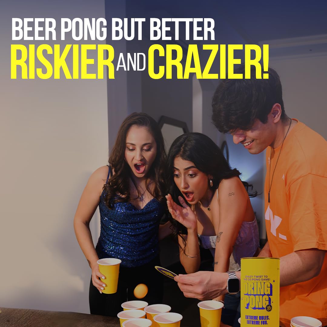 Dring Pong - Crazy Twist to The OG Pong-Game | All in One Set - 20 Coaster Dares, 22 Cups, 4 Balls | House Party Game for Adults | 2-12 Players | Perfect for Birthday, Bachelor & Gifts for Friends - Image 2 thumbnail