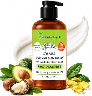 RaGaNaturals Natural Unscented Body Lotion for Dry Skin with Shea Butter and Vitamin E & B5 - Hydrating, Nourishing, Fragrance Free Hand Moisturizer With Organic Essence - For Women, Men, Kids - 8 Oz