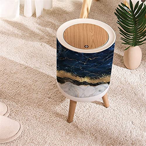 Image of Small Trash Can with Lid abstract white blue marble with golden veins fake stone texture liquid Round Recycle Bin Press Top Dog Proof Wastebasket for Kitchen Bathroom Bedroom Office 7L /1.8 Gallon