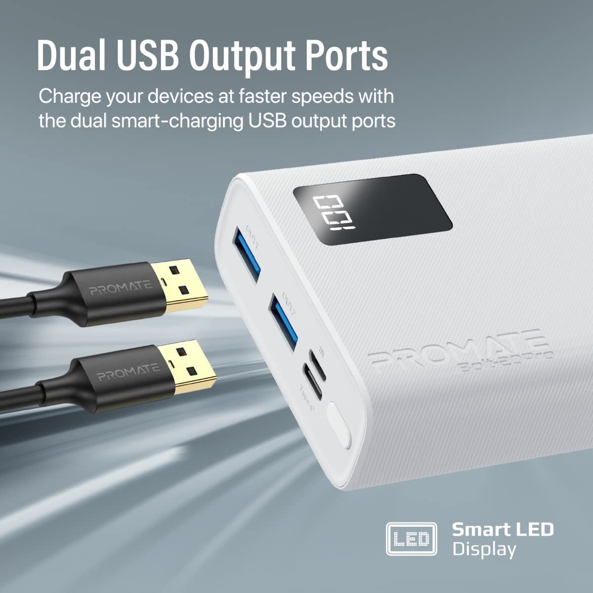 Zewnętrzna bateria Bolt-20Pro Powerbank Ultra-Slim 20000mAh 3-w-1 Dwa porty USB-A Port USB-C 10 W Inteligentny wyświetlacz LED Wielofunkcyjna ochrona Biały