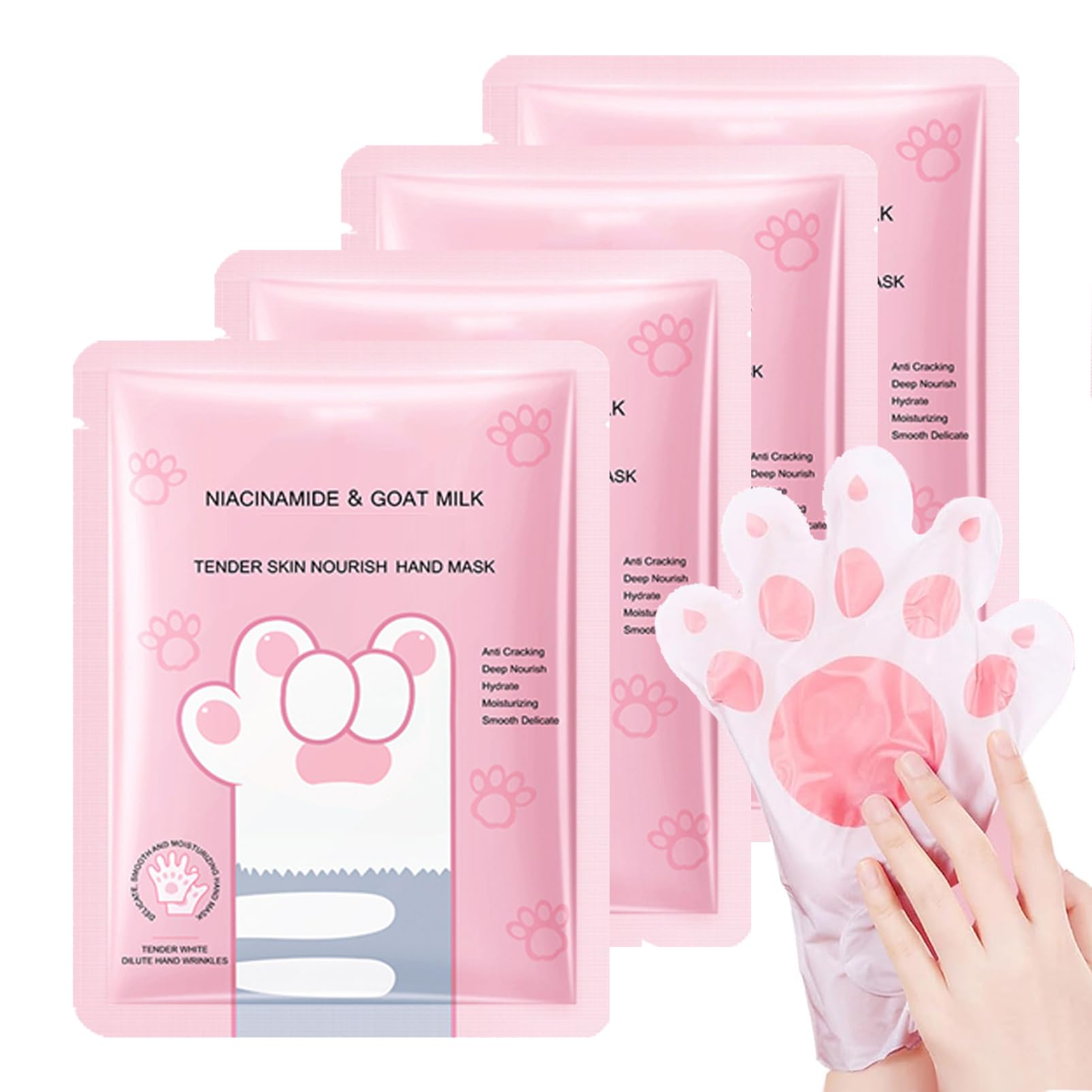 Lot de 4 masques pour les mains - Pour mains très sèches - Hydratant avec niacinamide et lait de chèvre - Gants exfoliants pour les mains (4)