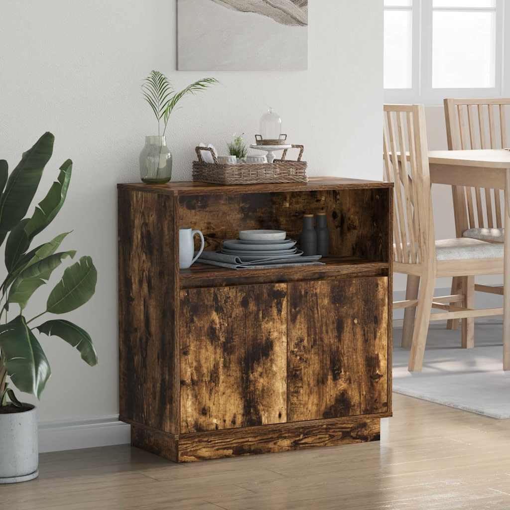 Buffet LED chêne fumé 71 x 34,5 x 75 cm en bois avec bandes LED RVB, portes pivotantes, éclairage alimenté par USB