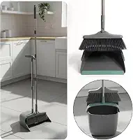 Kit Vassoura e Pá Ajustável Limpeza 2in1 Compacta Com Limpa Cerdas Suporte Parede Cesto Lixo