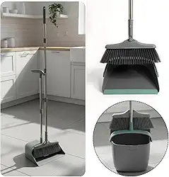 Kit Vassoura e Pá Ajustável Limpeza 2in1 Compacta Com Limpa Cerdas Suporte Parede Cesto Lixo