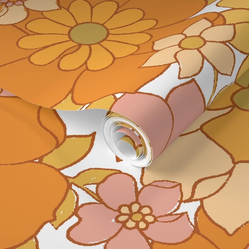 Spoonflower Removable Wallpaper Swatch - Retro Floral White Vintage Flowers Pink Orange 70s Custom Pre-Pasted Wallpaper