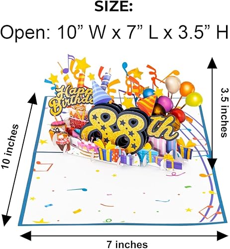 Miniatura 3 de iGifts And Cards Tarjeta desplegable 3D de feliz cumpleaños 88 – Diseño azul con números de purpurina, globos, pasteles y regalos – Tarjeta