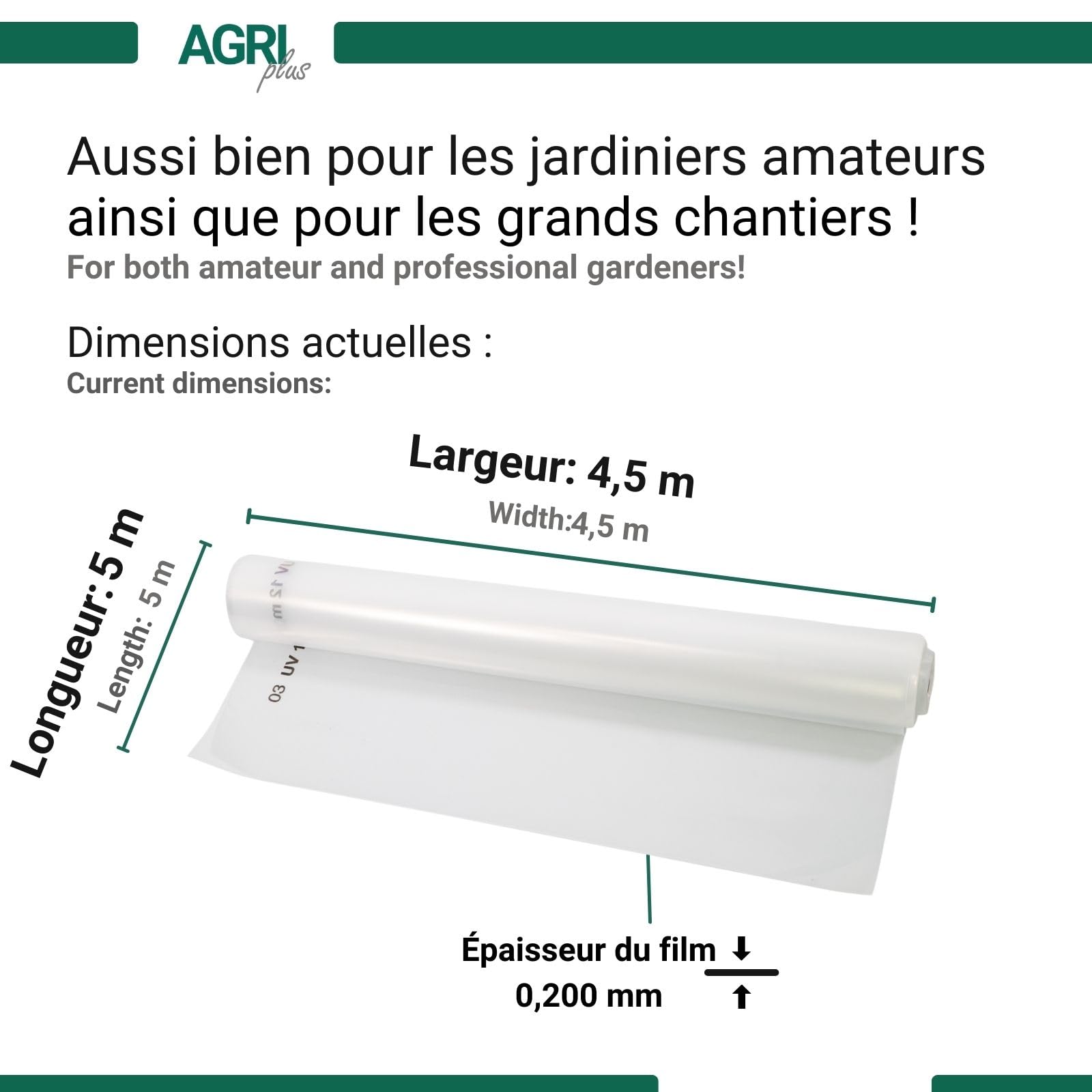 AGRI plus Film de Serre avec Bande de réparation I 4,5 x 5 m I épaisseur 0,200 mm I Film de Jardin pour Couverture I bâche de Protection résistante aux intempéries & 5 Ans de résistance aux UV
