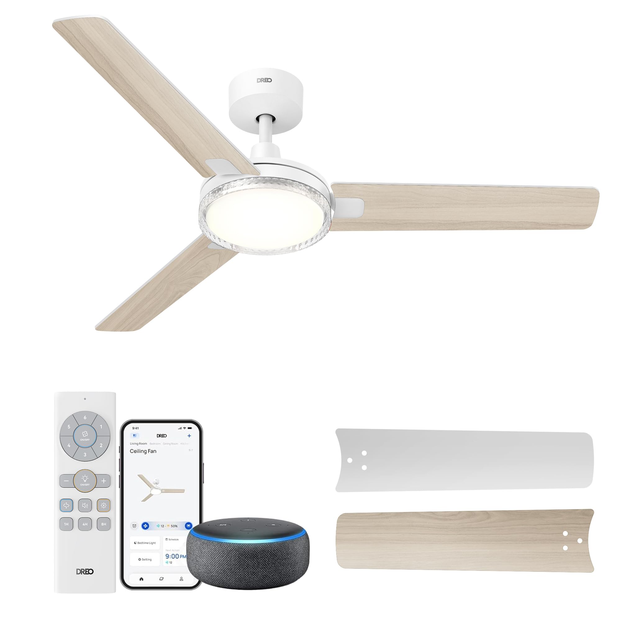 Dreo 52" Smart Ceiling Fan with Light, 12 Speeds and 3 Modes, Adjustable Temperature, Dimmable LED, 1-12H Timer, Quiet DC Motor, App, Alexa and Switch, White