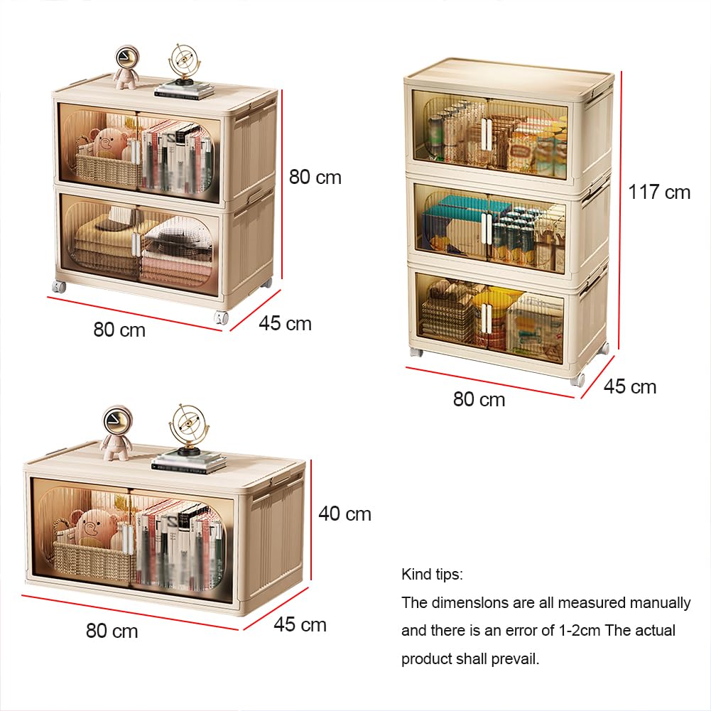 Caja de almacenamiento con tapa, cajas de almacenamiento apilables con apertura frontal, cajas de almacenamiento de plástico plegables con puertas magnéticas y ruedas, para dormitorio, sala de estar,